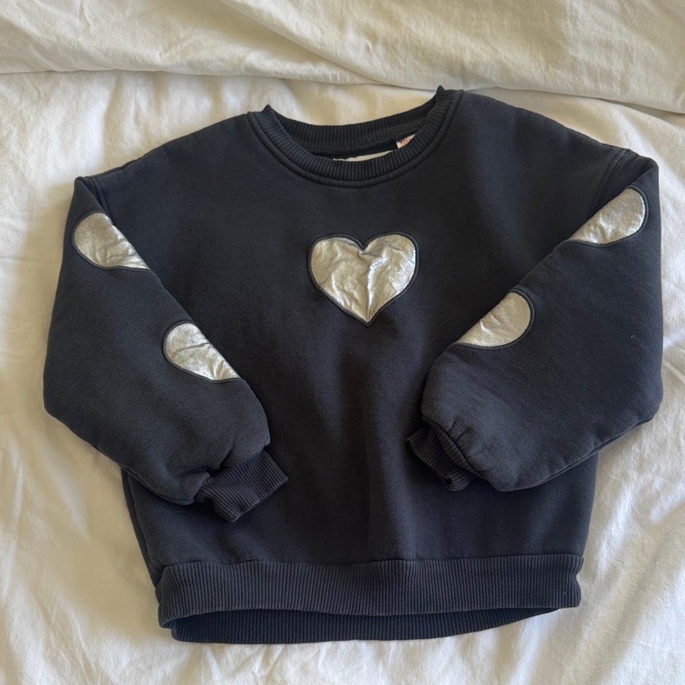 Zara Kids Black Sweatshirt with Silver Heart Accents, Size 6